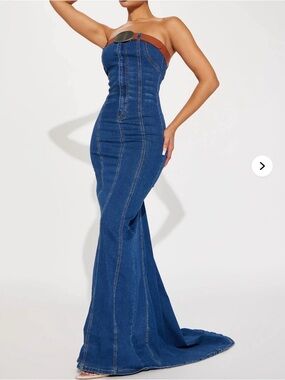 Fashion Nova Strapless Dark Blue Denim Mermaid Dress with Brown Belt